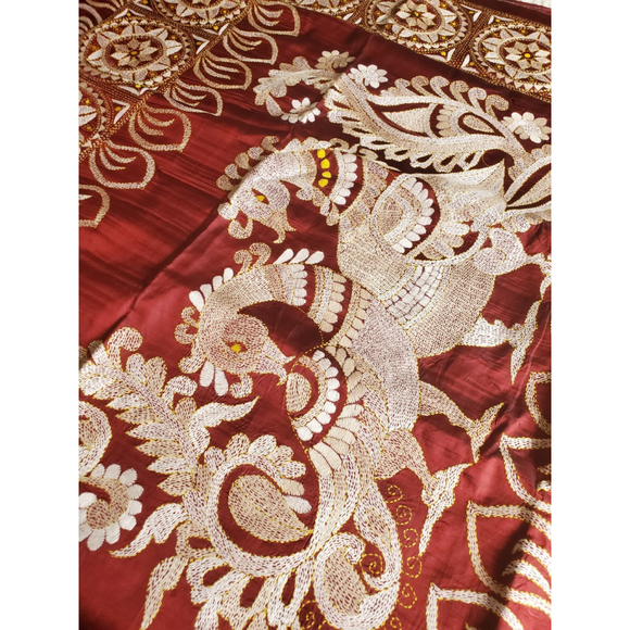 New Women Pure Silk Designer Kantha Saree W BP Kalamkari Festive HandloomWedding - Picture 11 of 15